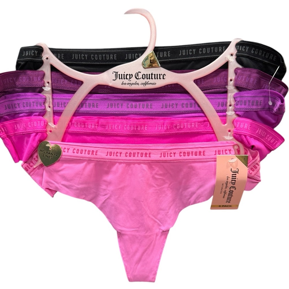 JUICY COUTURE Intimates Ribbed  Thongs 5 Pack Colorful Pinks Purples NWT Large